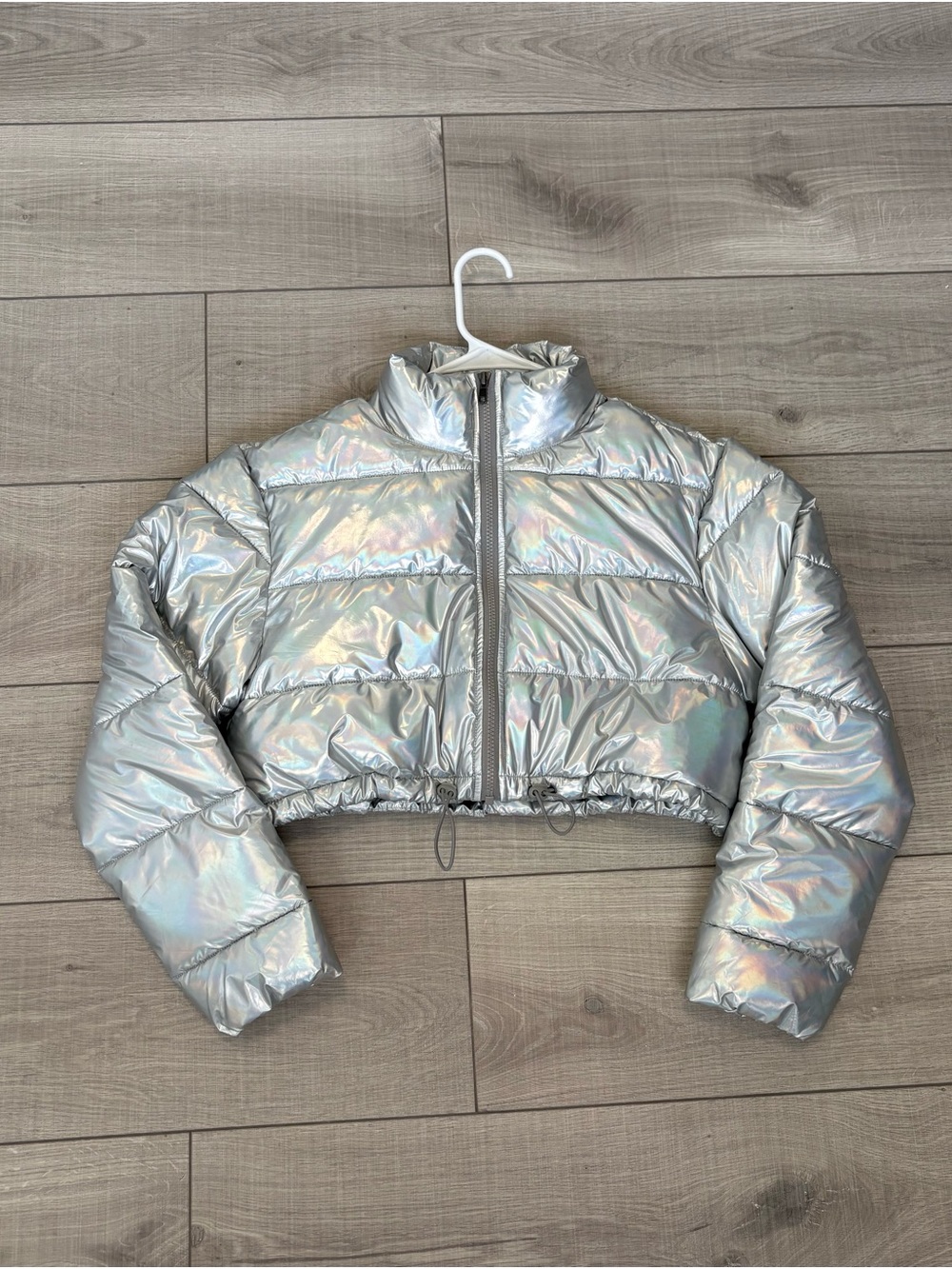 iHeartRaves Iridescent Silver Cropped Puffer Jacket